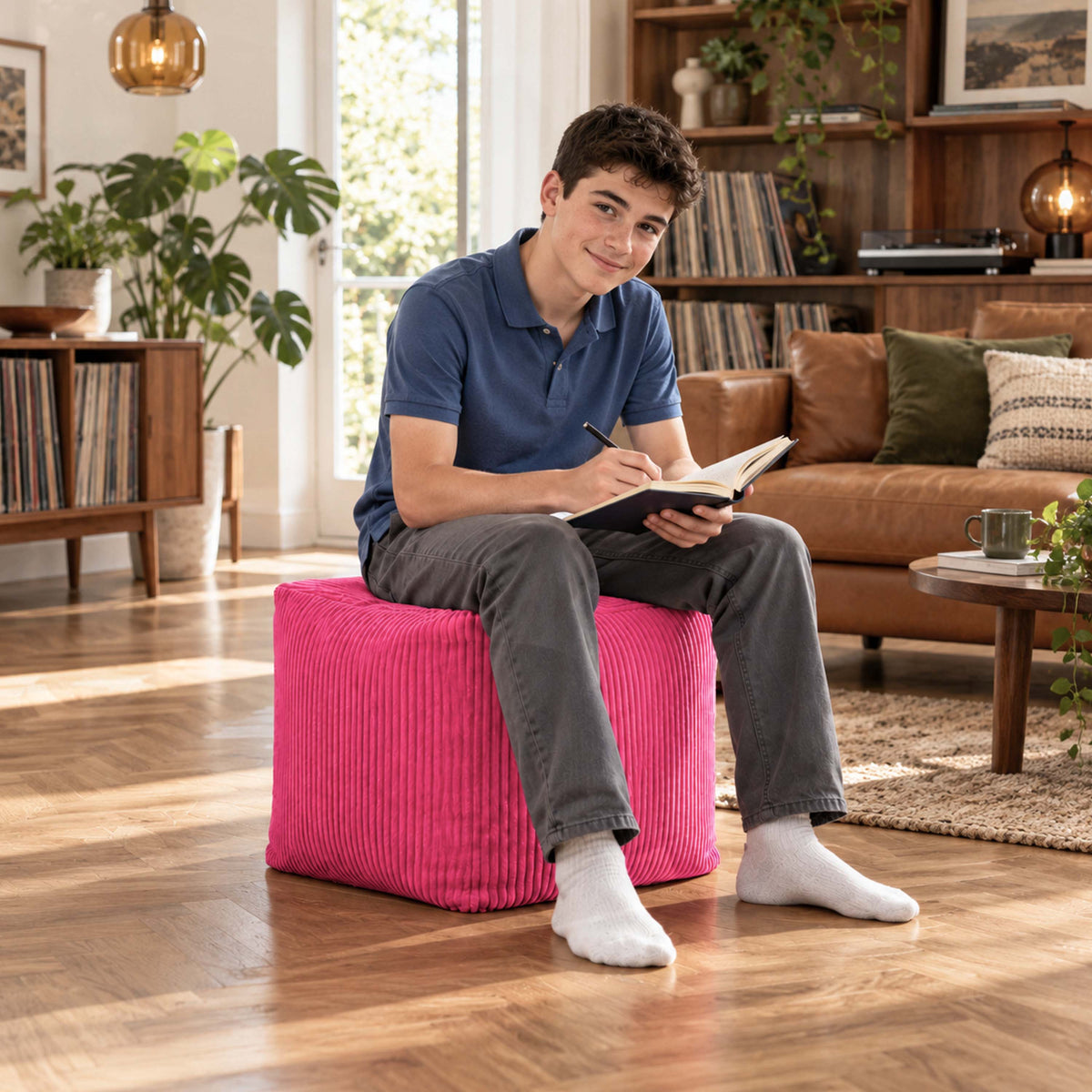 pouf cube en velours côtelé rose déhoussable, assise d’appoint et repose-pieds en intérieur, photo en salon