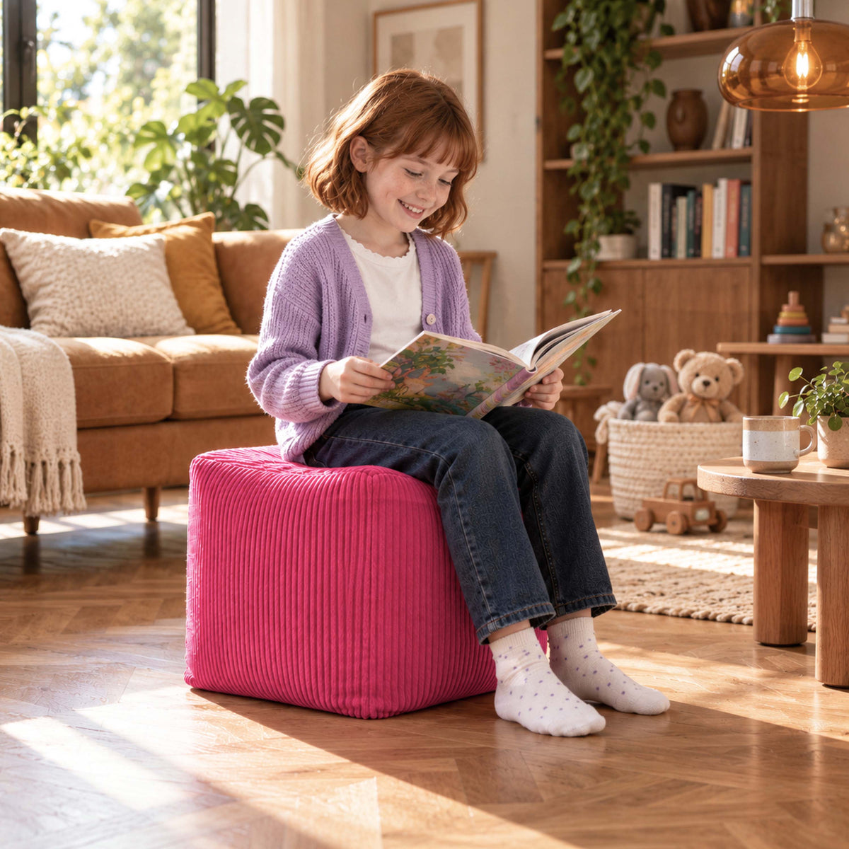 Pouf cube en velours côtelé rose déhoussable : assise d’appoint confortable, enfant lisant dans un salon lumineux