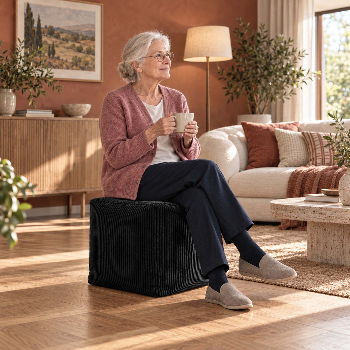Pouf Cube Velours Côtelé Noir : assise d’appoint confortable ou repose-pieds, design en velours côtelé noir, salon chaleureux.