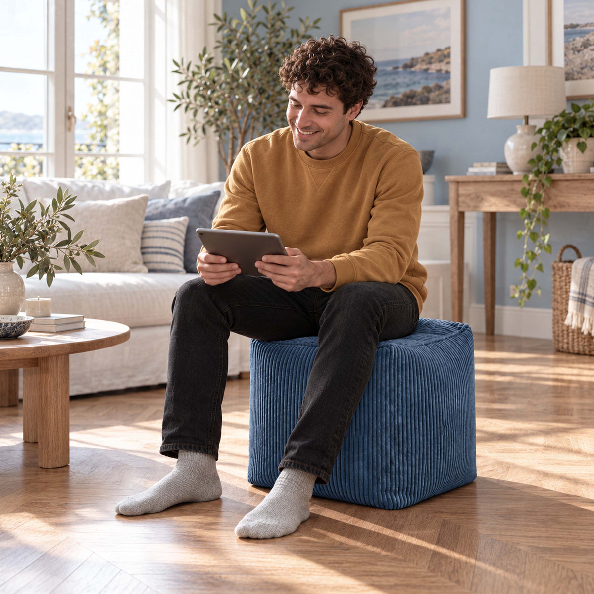 Pouf Cube Velours Côtelé Bleu denim, assise d’appoint et repose-pieds en velours côtelé bleu, intérieur salon moderne