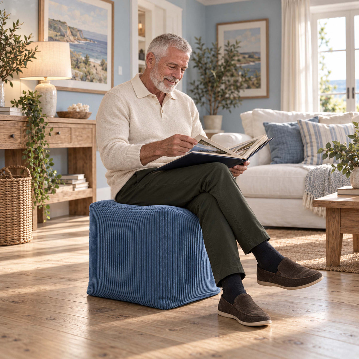 Pouf Cube Velours Côtelé Bleu denim, assise et repose-pieds en velours côtelé, décoration salon avec homme lisant