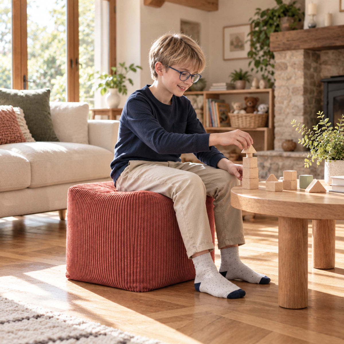 Pouf Cube Velours Côtelé Terracotta : pouf carré en velours côtelé terracotta, assise d’appoint et repose-pieds, salon familial
