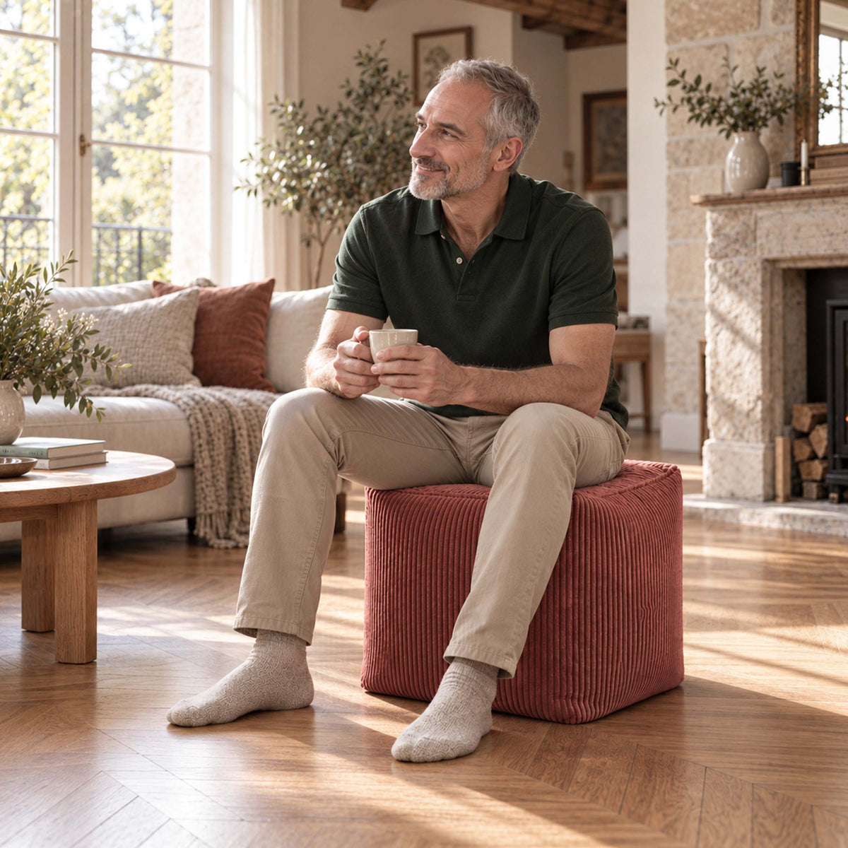 Pouf Cube Velours Côtelé Terracotta : homme se détendant en fauteuil, usage assise d’appoint ou repose-pieds, salon lumineux