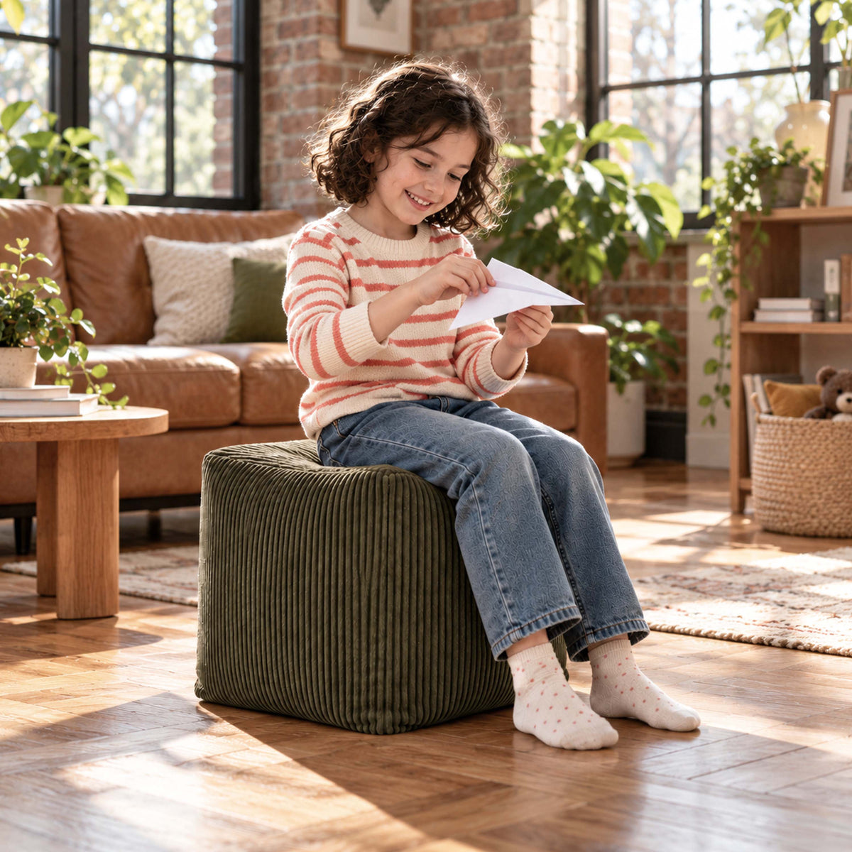 Pouf Cube Velours Côtelé Kaki foncé, assise enfant et repose-pieds en velours côtelé, design compact pour salon