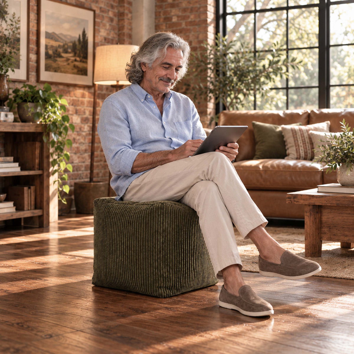 Pouf Cube Velours Côtelé Kaki foncé — pouf en velours côtelé, assise d’appoint et repose-pieds, dans un salon chaleureux