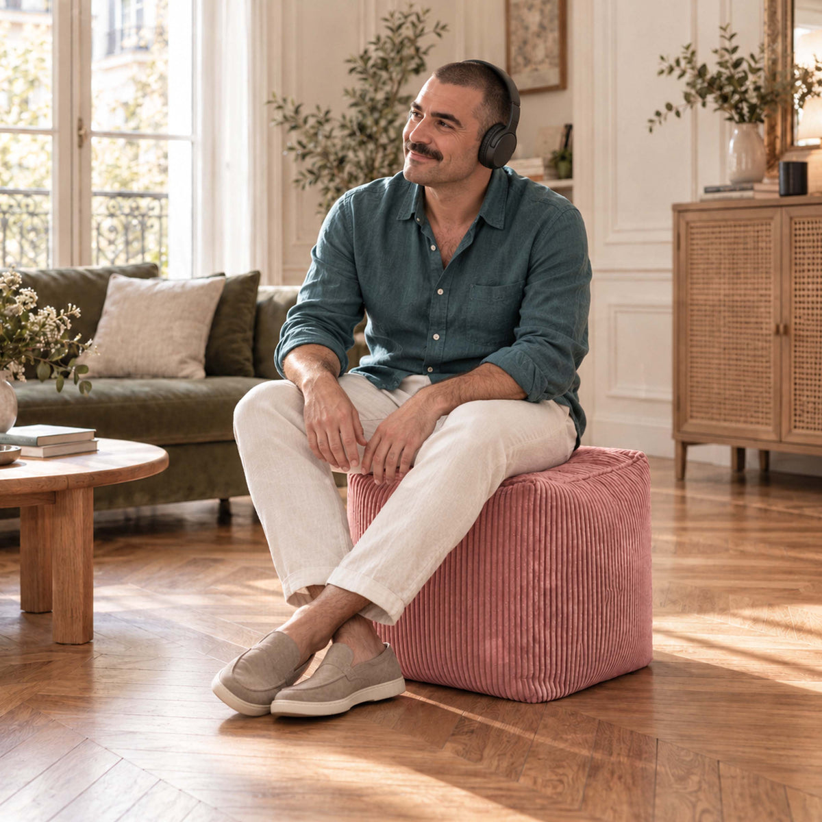 Pouf Cube Velours Côtelé Rose poudré chaud, assise d’appoint et repose-pieds en velours côtelé, couleur rose poudré