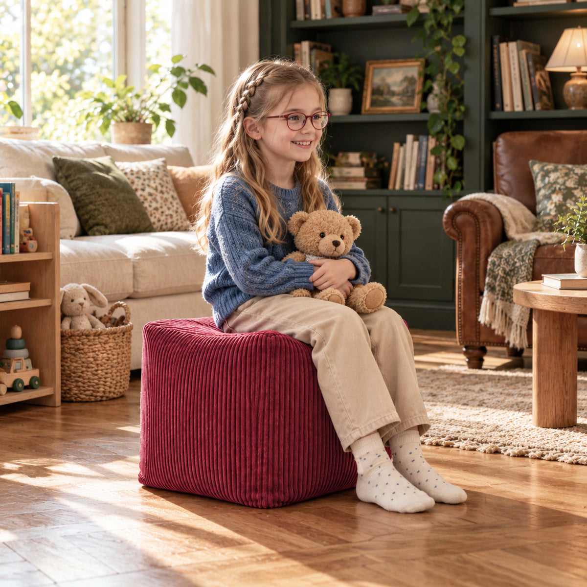 Pouf cube déhoussable en velours côtelé cerise, pouf cube assorti salon, assise ou repose-pieds, ambiance familiale