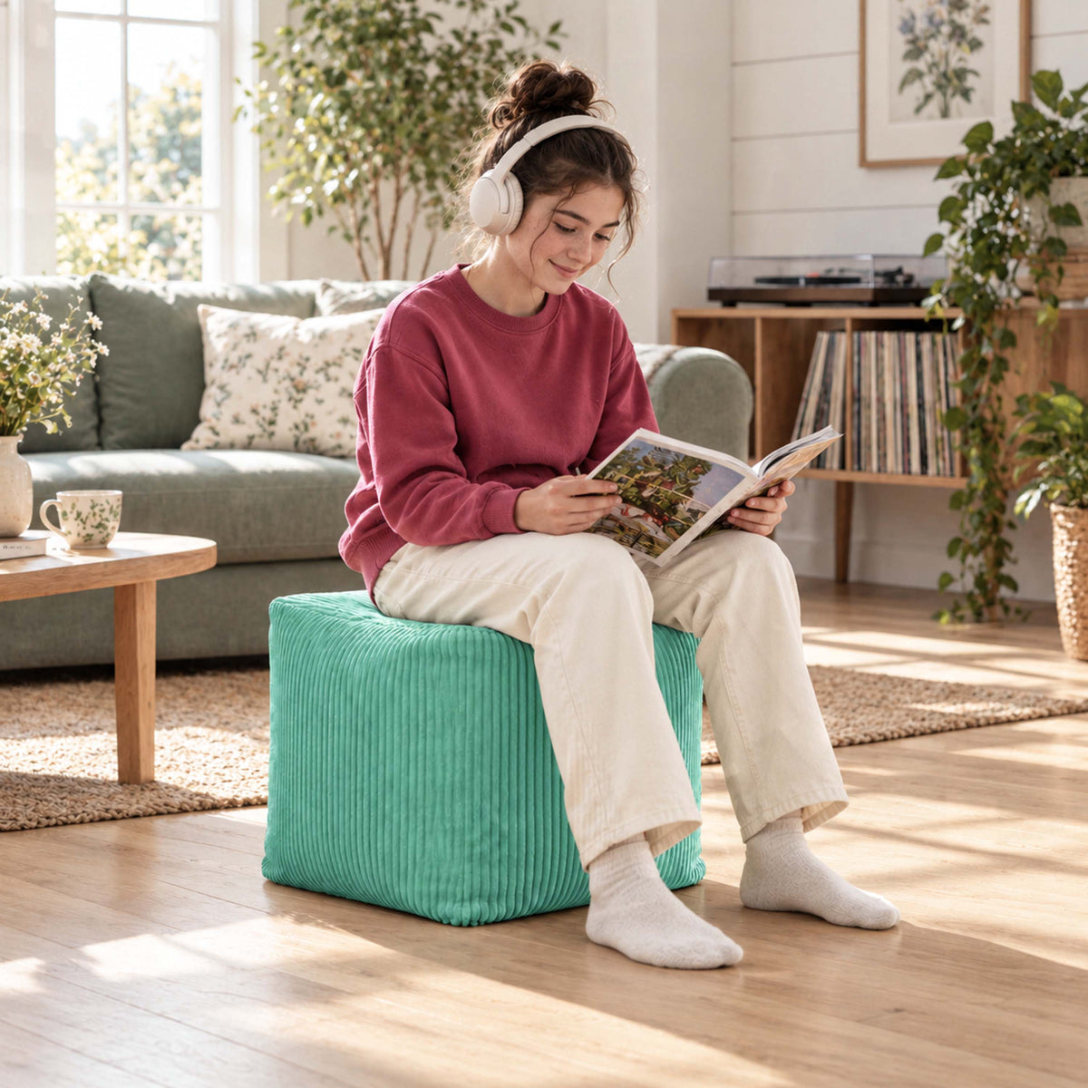 Pouf cube velours côtelé turquoise déhoussable, assise et repose-pieds carrée, confort moelleux en salon lumineux