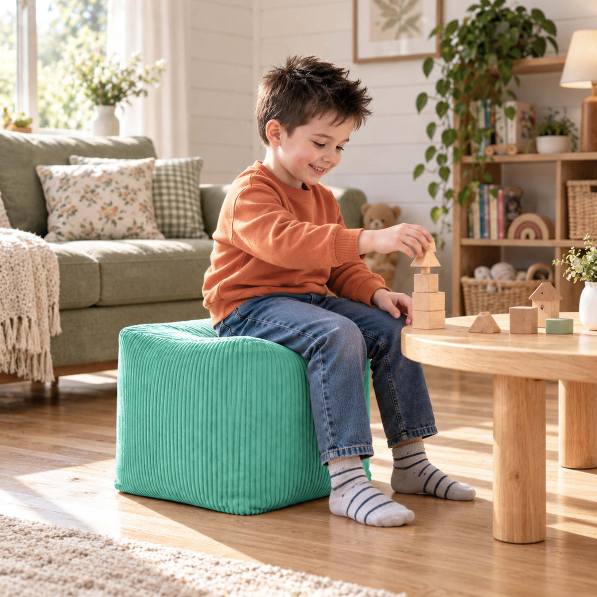 Pouf cube velours côtelé turquoise déhoussable, cube moelleux en velours côtelé turquoise pour assise ou repose-pieds