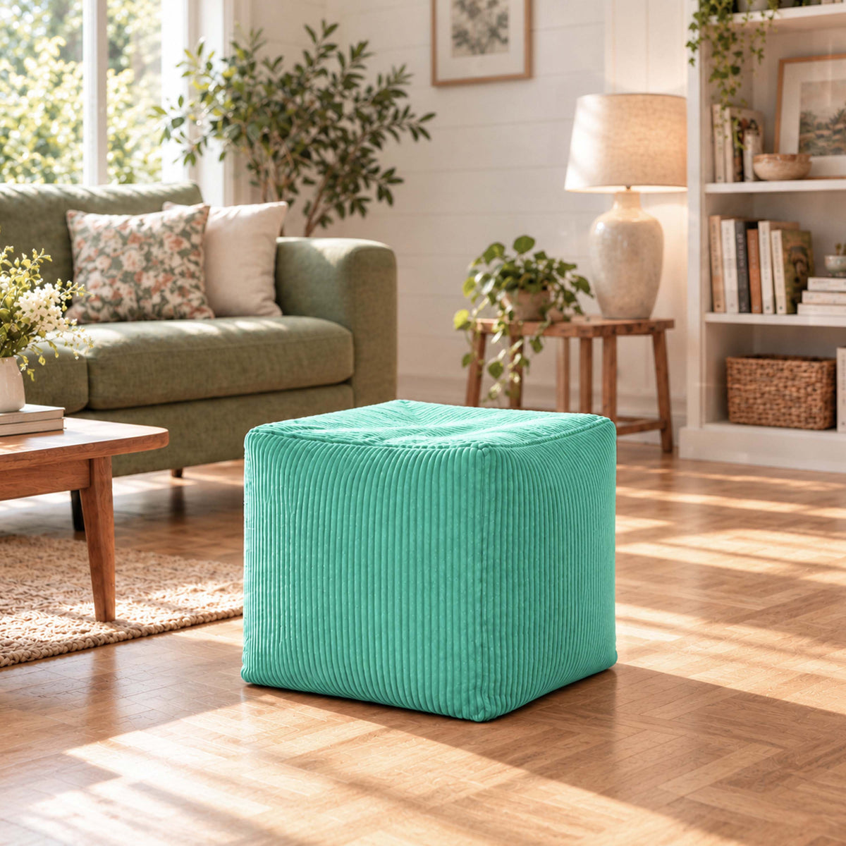 Pouf cube velours côtelé turquoise déhoussable, cube en velours côtelé vert d’eau pour assise ou repose-pieds