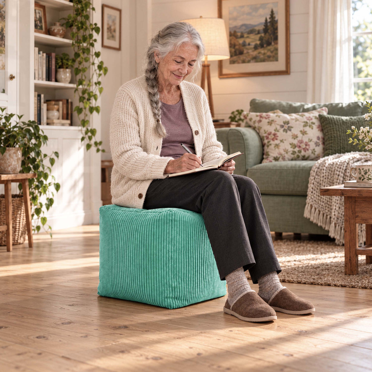 Pouf cube velours côtelé turquoise déhoussable, assise d’appoint et repose-pieds carrée en intérieur, texture côtelée vert d’eau