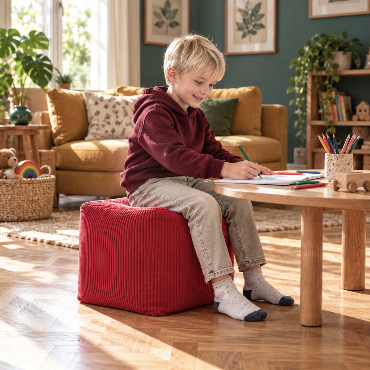 pouf cube en velours côtelé rouge déhoussable : pouf cube rouge en velours côtelé pour enfant, assise confortable et compacte