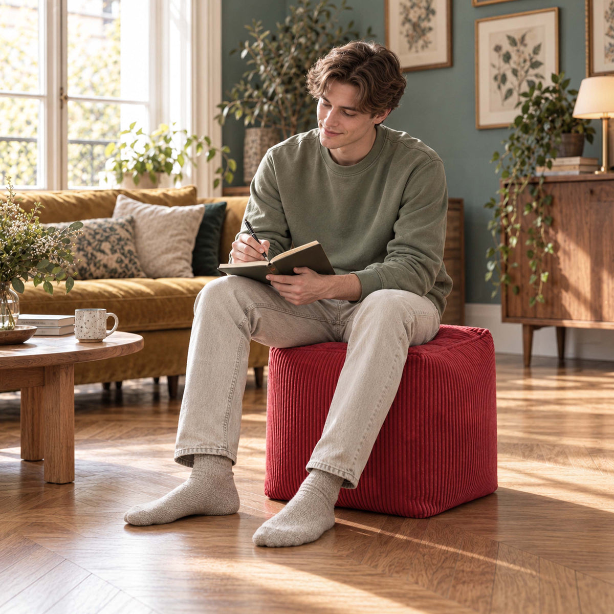 Pouf cube en velours côtelé rouge déhoussable, pouf cube pratique en assise ou repose-pieds, velours rouge côtelé