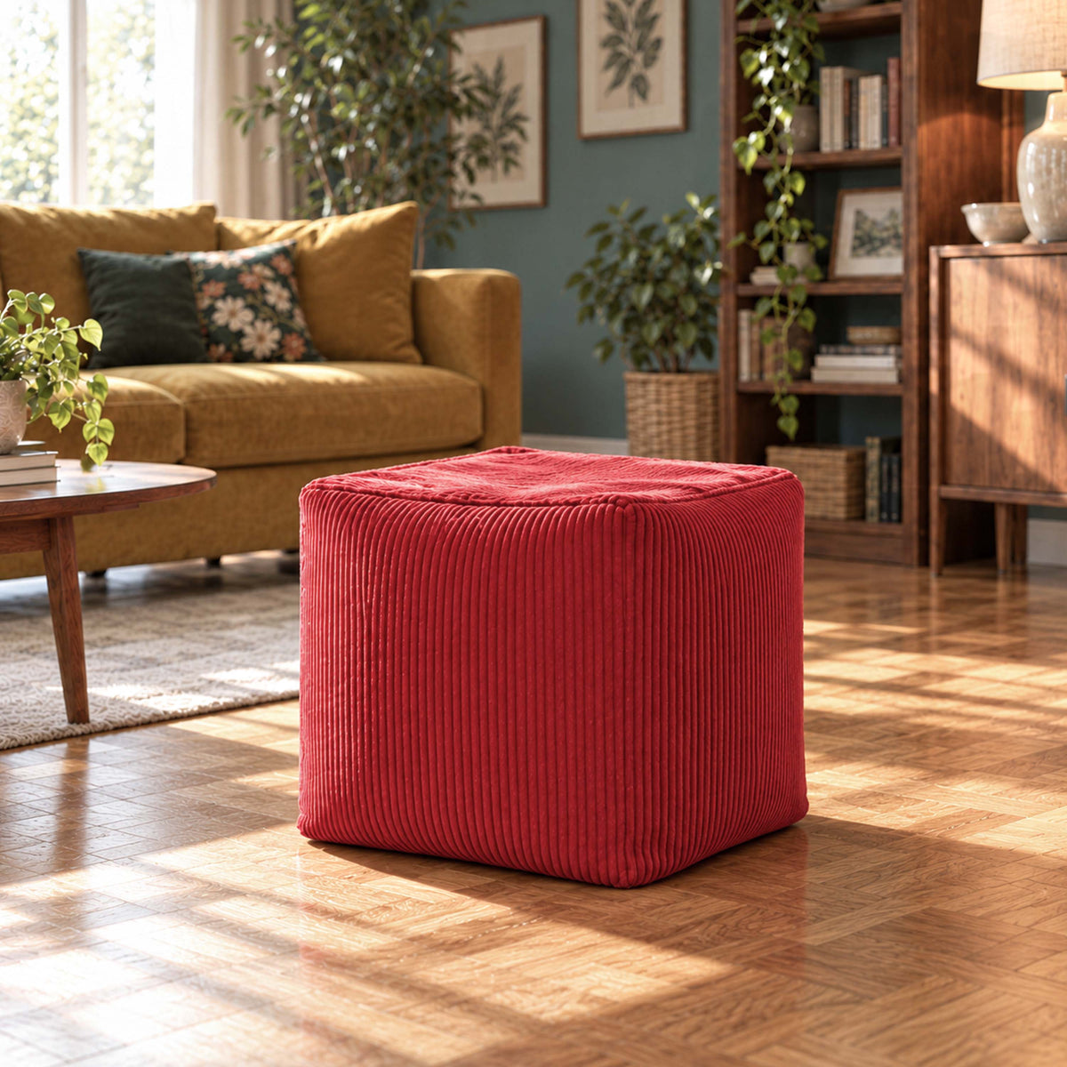 Pouf cube en velours côtelé rouge déhoussable, pouf carré rouge en velours côtelé pour assise ou repose-pieds