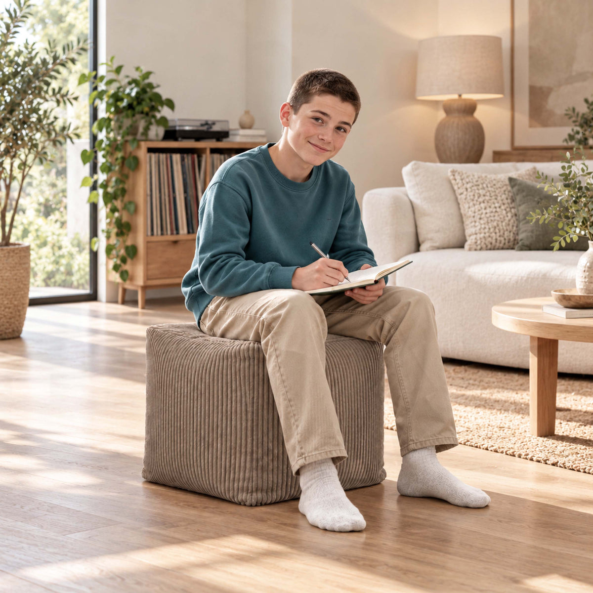pouf cube en velours côtelé marron déhoussable, pouf cube carrée assise ou repose-pieds en salon