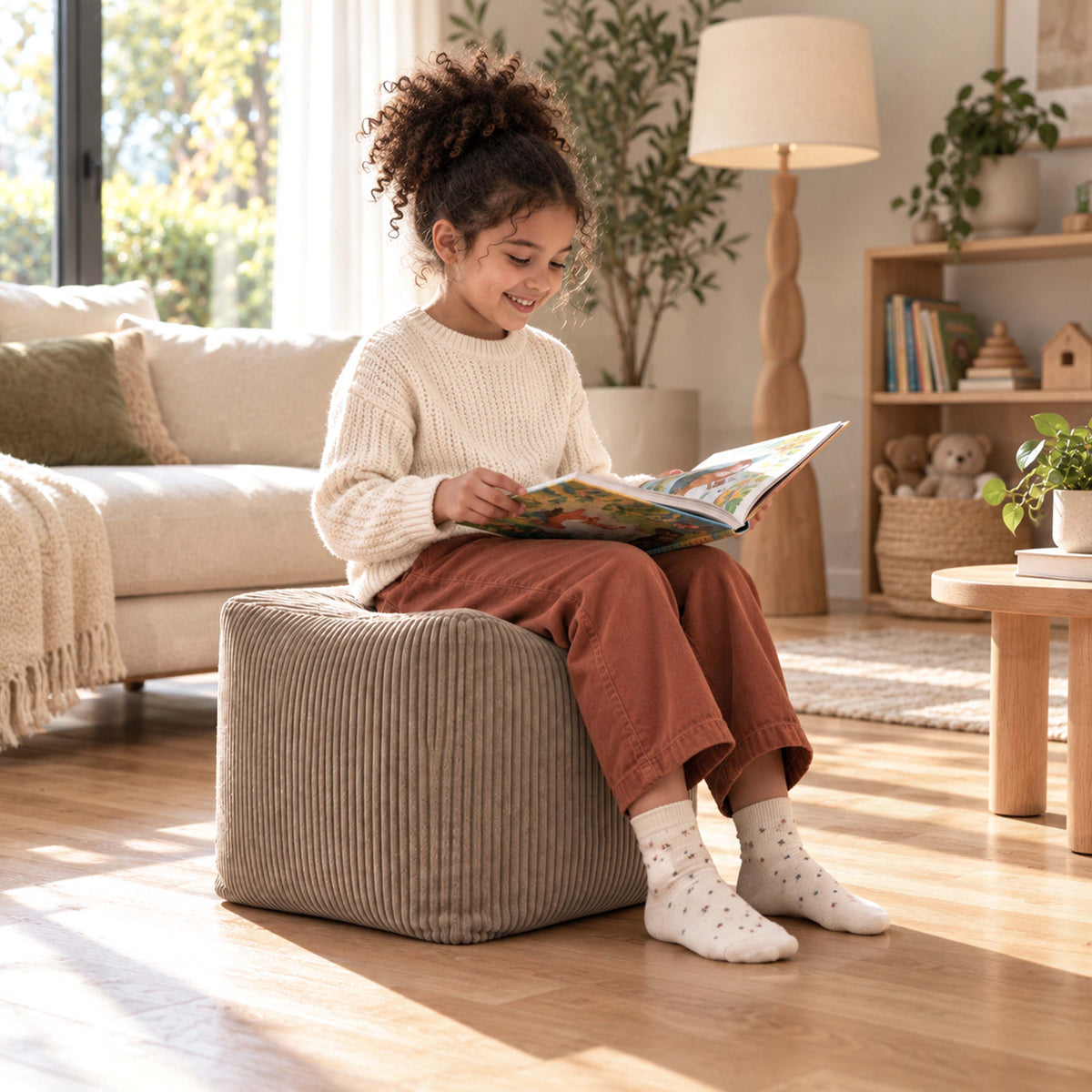 pouf cube en velours côtelé marron déhoussable, pouf pour assise ou repose-pieds, enfant lisant dans un salon chaleureux