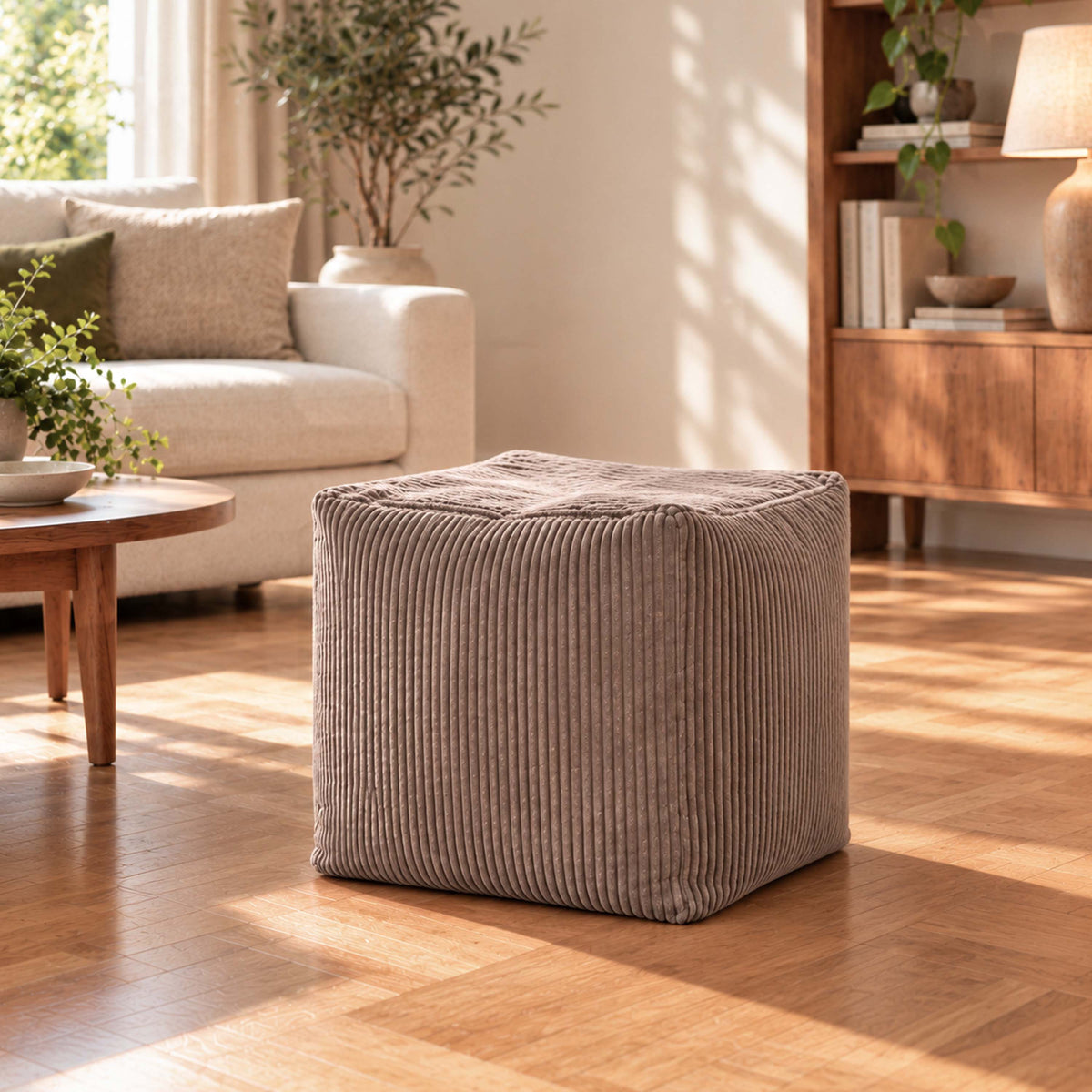 Pouf cube en velours côtelé marron déhoussable : pouf cube carré marron en velours côtelé, assise ou repose-pieds