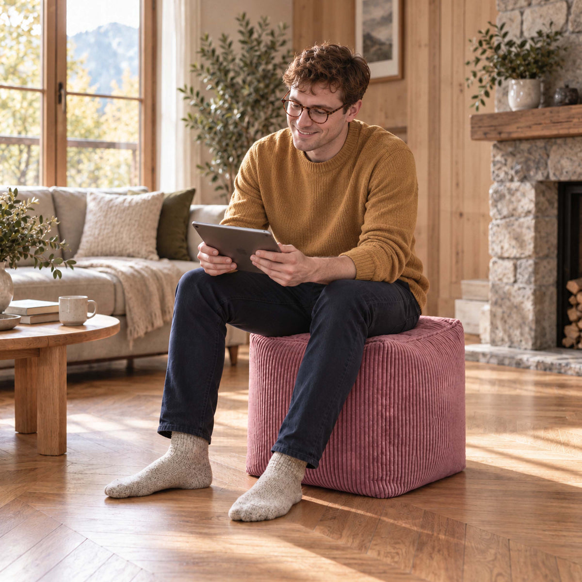 Pouf Cube Velours Côtelé Vieux rose en velours côtelé, assise et repose-pieds, dans un salon chaleureux