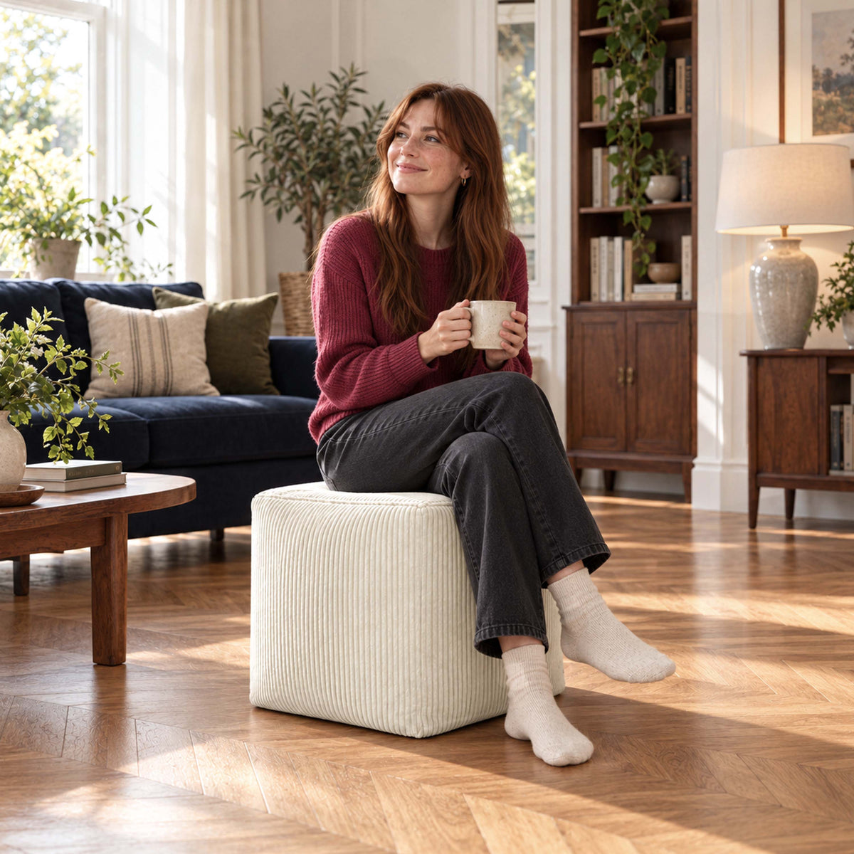 pouf cube en velours côtelé beige déhoussable, pouf carré rembourré pour assise ou repose-pieds, salon cosy