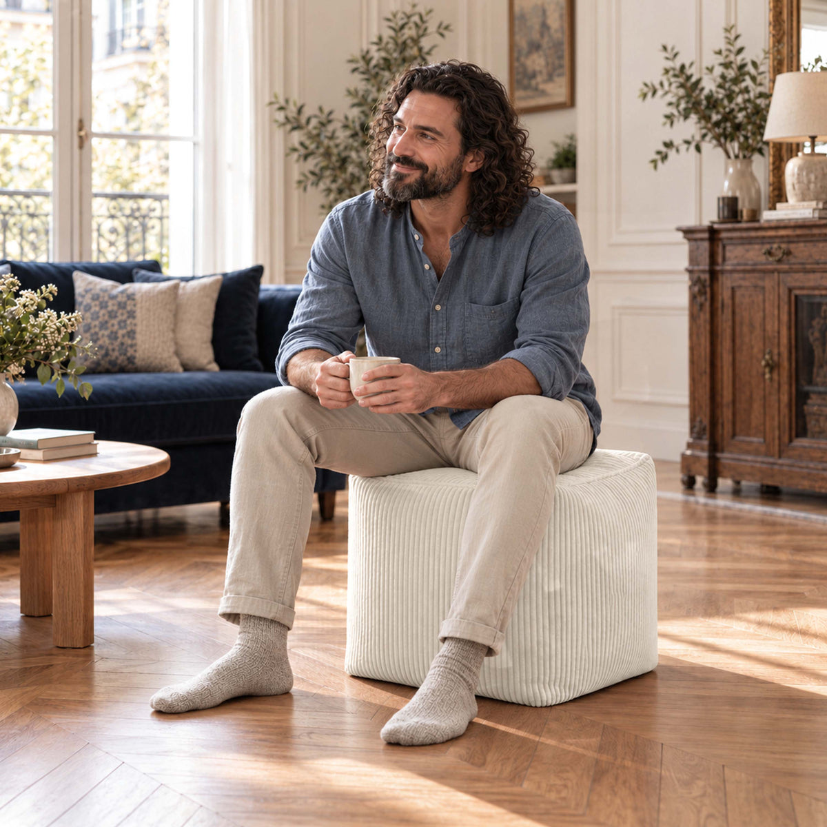 pouf cube en velours côtelé beige déhoussable, pouf cube en velours côtelé beige en salon, assise ou repose-pieds