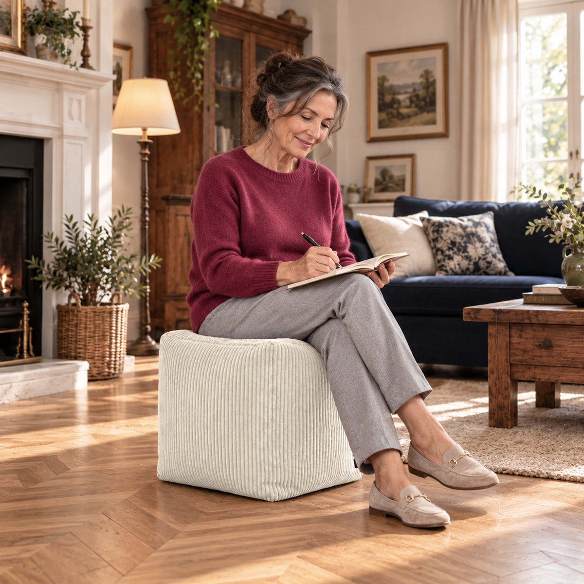 pouf cube en velours côtelé beige déhoussable, assise d’appoint et repose-pieds carrée, tissu côtelé beige