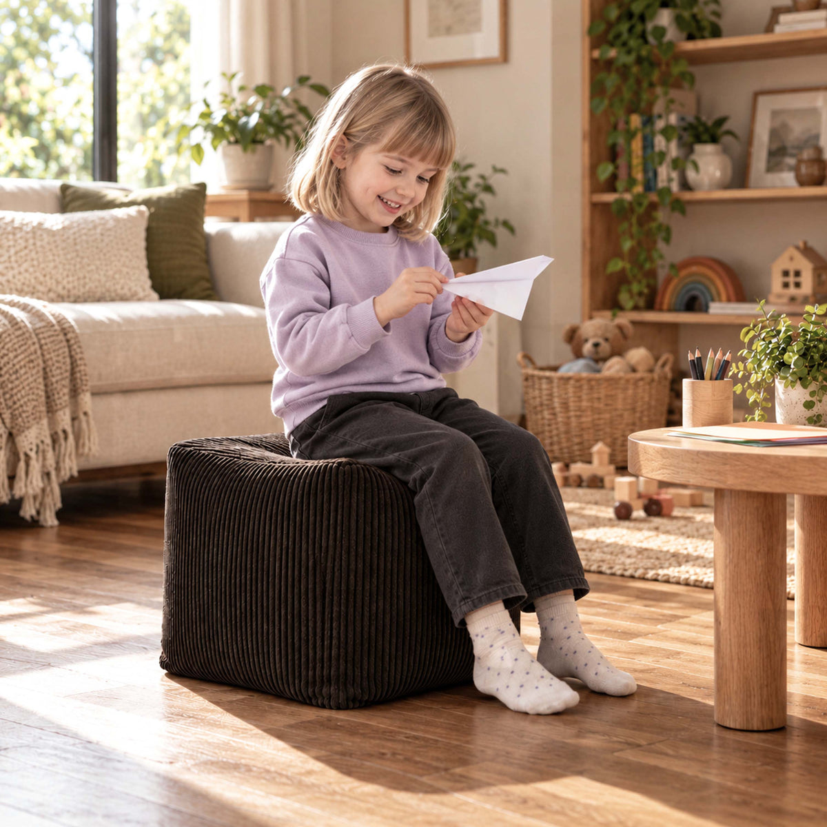 Pouf Cube Velours Côtelé Brun espresso, assise d’appoint et repose-pieds, idéal pour salon ou chambre