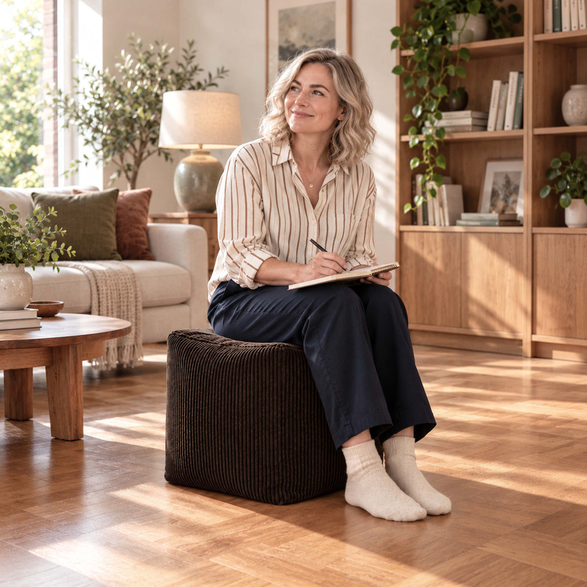 Pouf Cube Velours Côtelé Brun espresso, pouf carré en velours côtelé pour assise et repose-pieds, en intérieur salon
