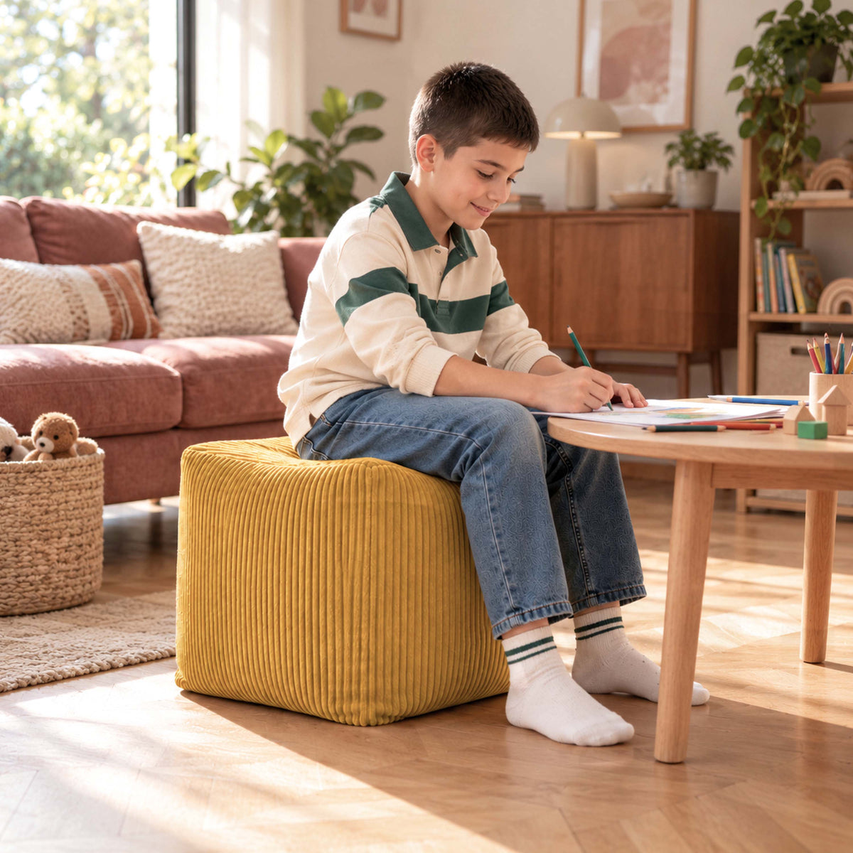 Pouf Cube Velours Côtelé Jaune moutarde, pouf d’appoint en velours côtelé pour s’asseoir ou poser les pieds, intérieur lumineux