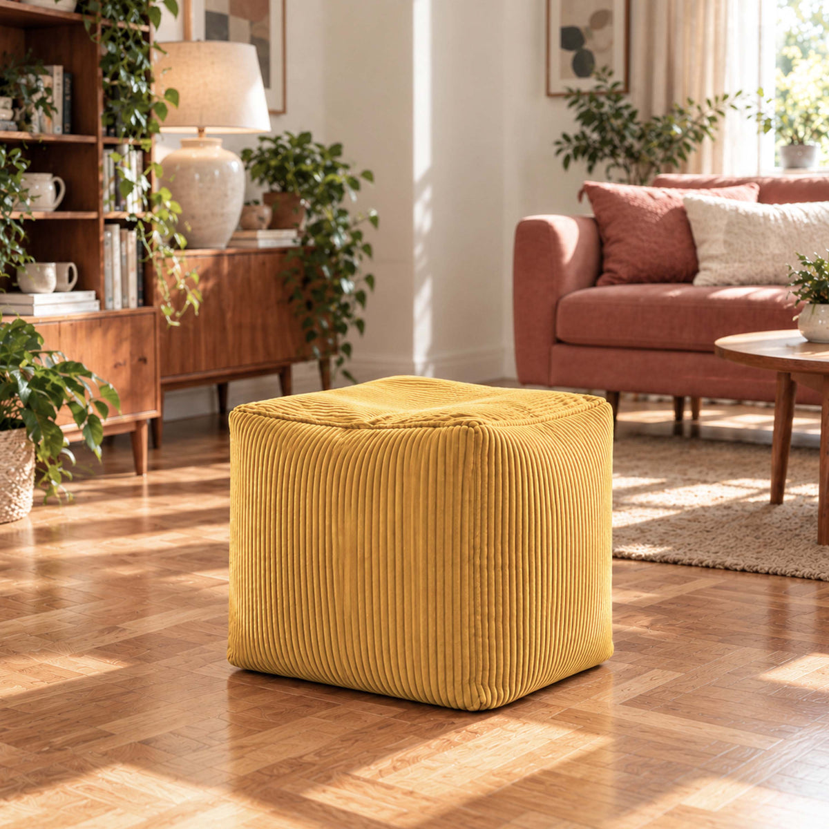Pouf Cube Velours Côtelé Jaune moutarde, pouf carré en velours côtelé jaune pour assise ou repose-pieds déco salon