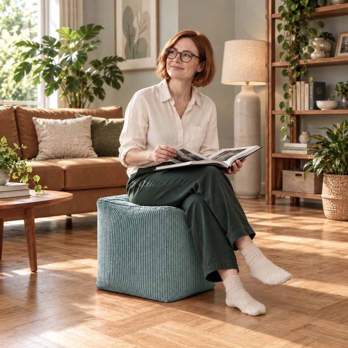 Pouf Cube Velours Côtelé Vert gris : pouf d’appoint en velours côtelé, idéal comme repose-pieds dans un salon lumineux