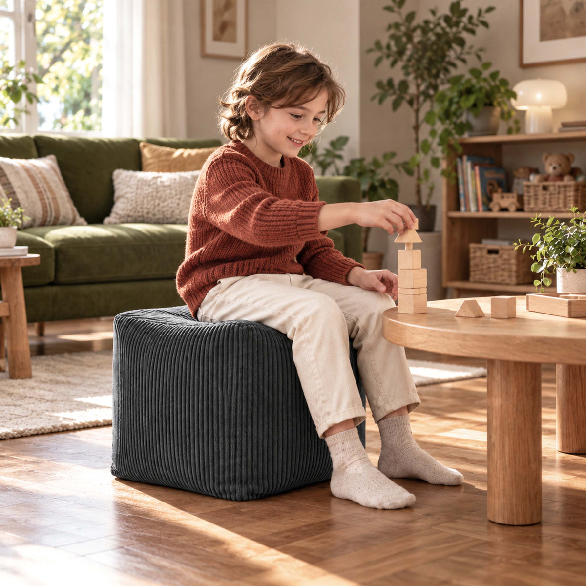 pouf cube en velours côtelé gris déhoussable, pouf cube en velours côtelé gris pour assise et repose-pieds