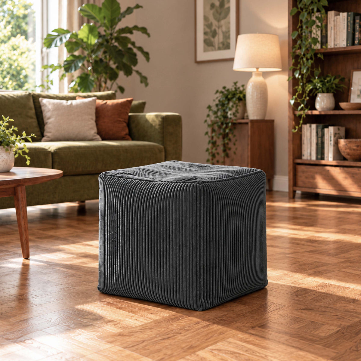 Pouf Cube Velours Côtelé Gris, pouf carré en velours côtelé gris, assise d’appoint ou repose-pieds pour salon