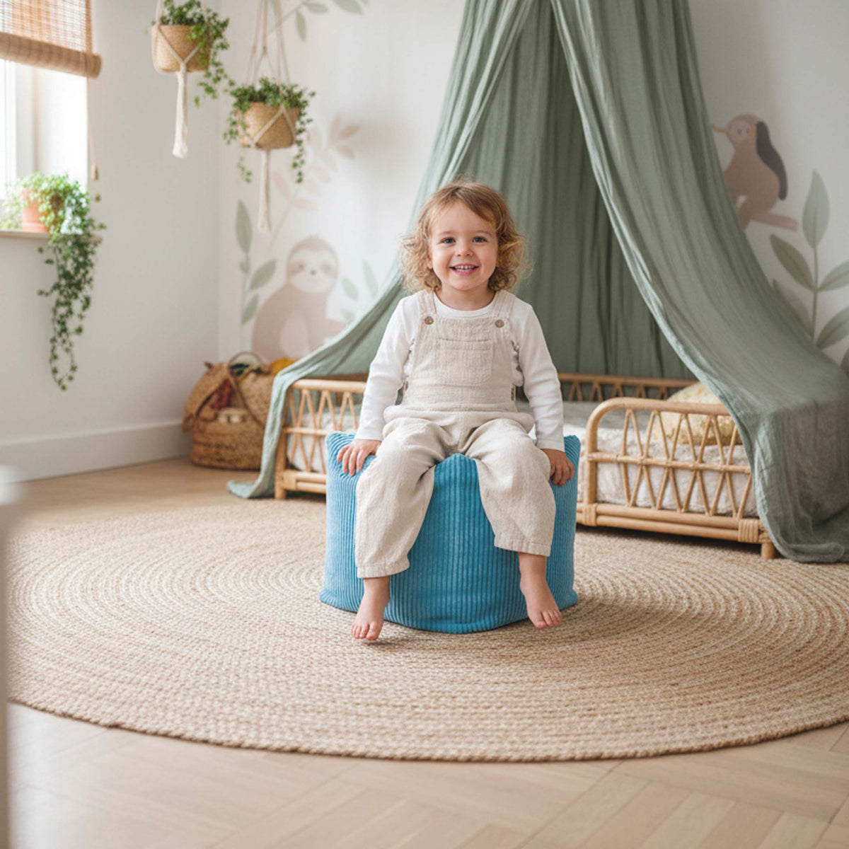 Pouf Cube Velours Côtelé Bleu Ciel pour enfant, assise et repose-pieds, velours côtelé bleu ciel en chambre de jeu