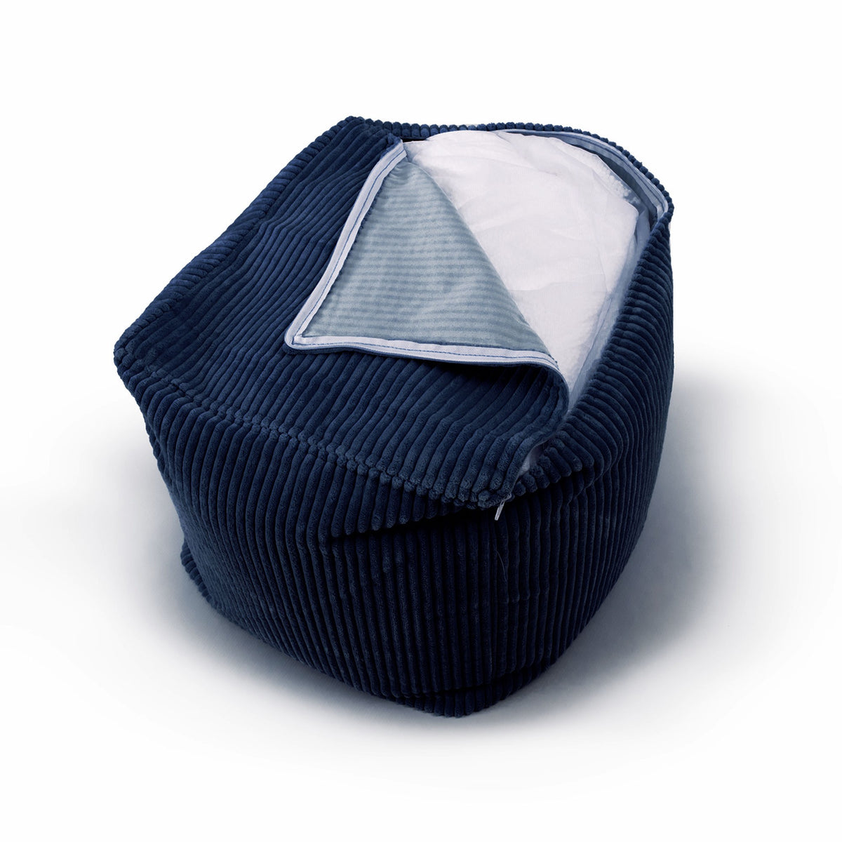 Pouf Cube Velours Côtelé Bleu Marine : pouf carré en velours côtelé bleu marine, assise d’appoint et repose-pieds