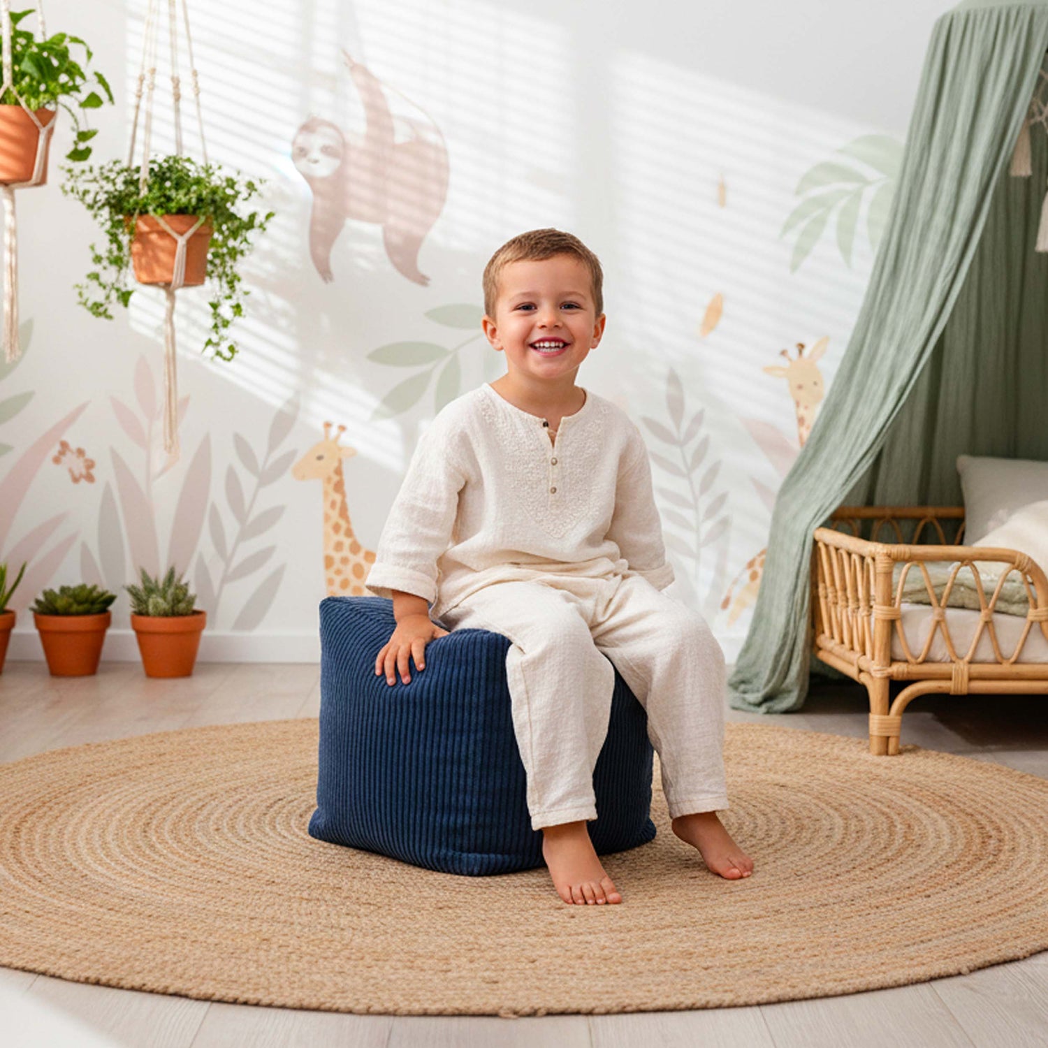 Samt-Cord Würfel-Pouf Marineblau