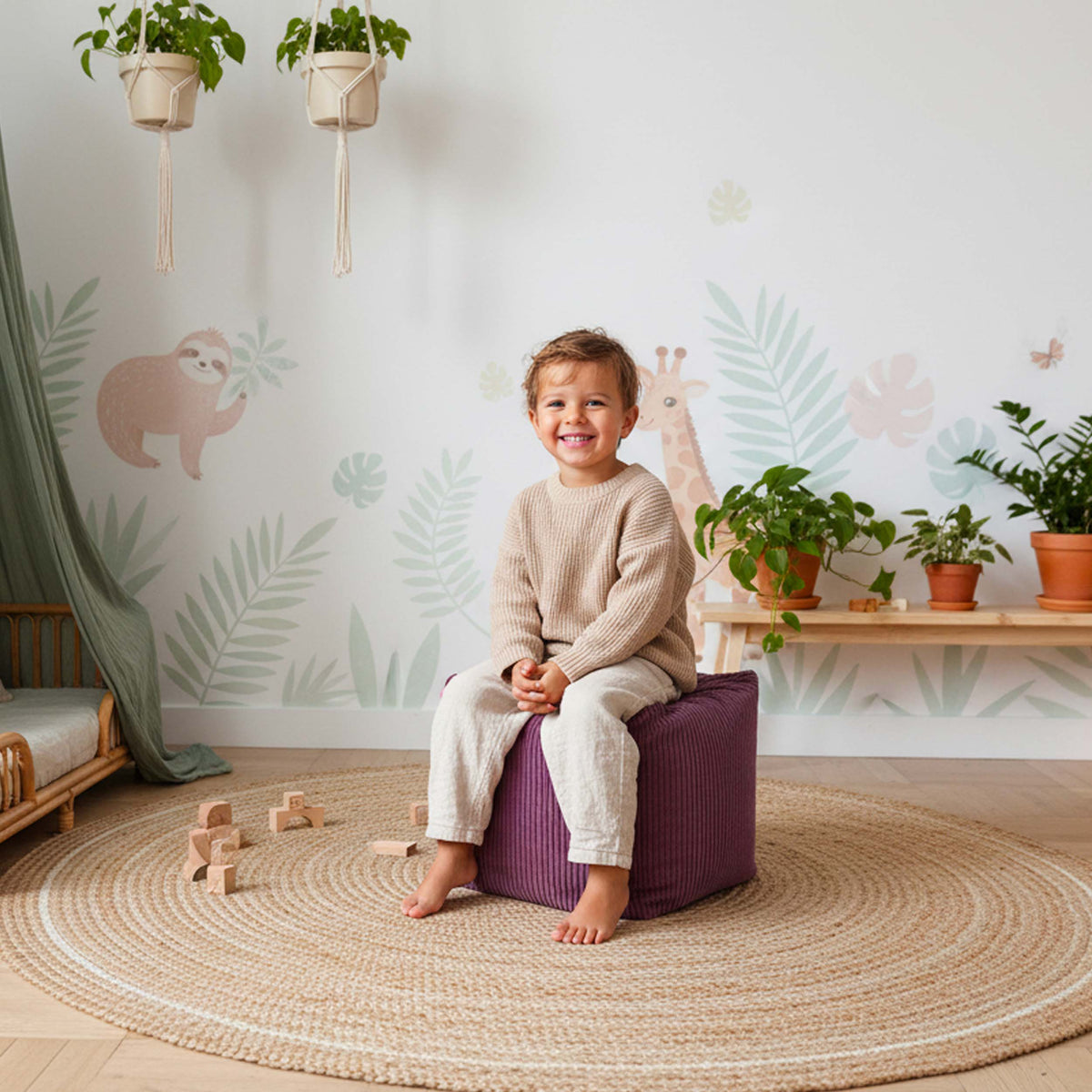 Pouf Cube Velours Côtelé Cerise, pouf carré en velours côtelé bordeaux, idéal assise d’appoint pour enfant dans un salon