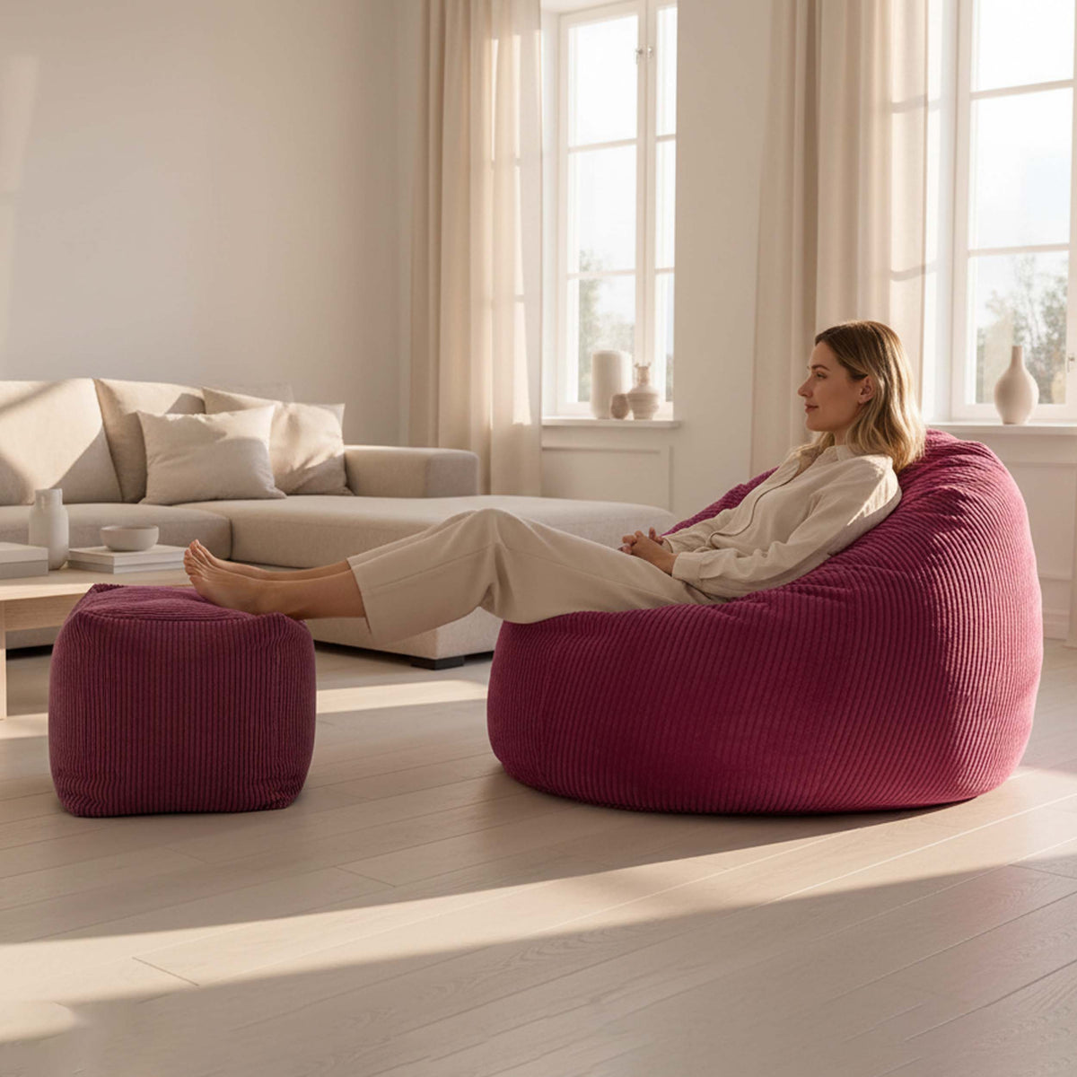 Pouf Cube Velours Côtelé Cerise, assise d’appoint en velours côtelé rouge cerise pour salon, aussi comme repose-pieds