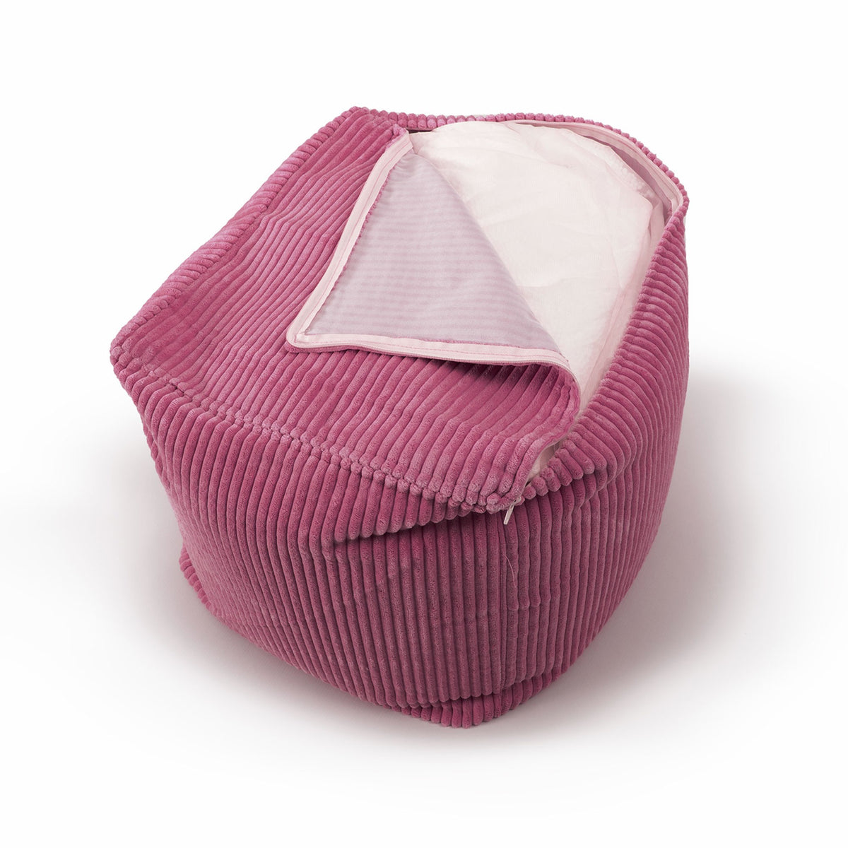 Pouf Cube Velours Côtelé Rose, pouf cube rose en velours côtelé avec ouverture et intérieur, assise ou repose-pieds