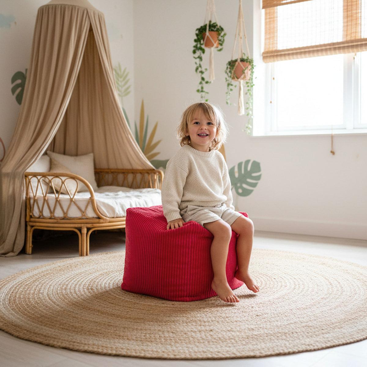 Pouf Cube Velours Côtelé Rouge, pouf en velours côtelé rouge pour assise d’appoint et repose-pieds, ambiance enfant