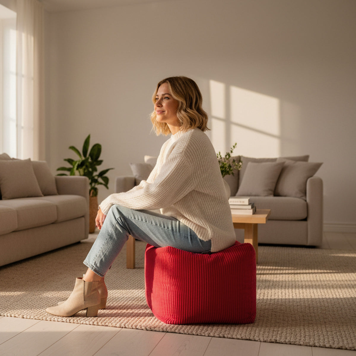 Pouf Cube Velours Côtelé Rouge en velours côtelé rouge, utilisé comme assise et repose-pieds dans un salon moderne