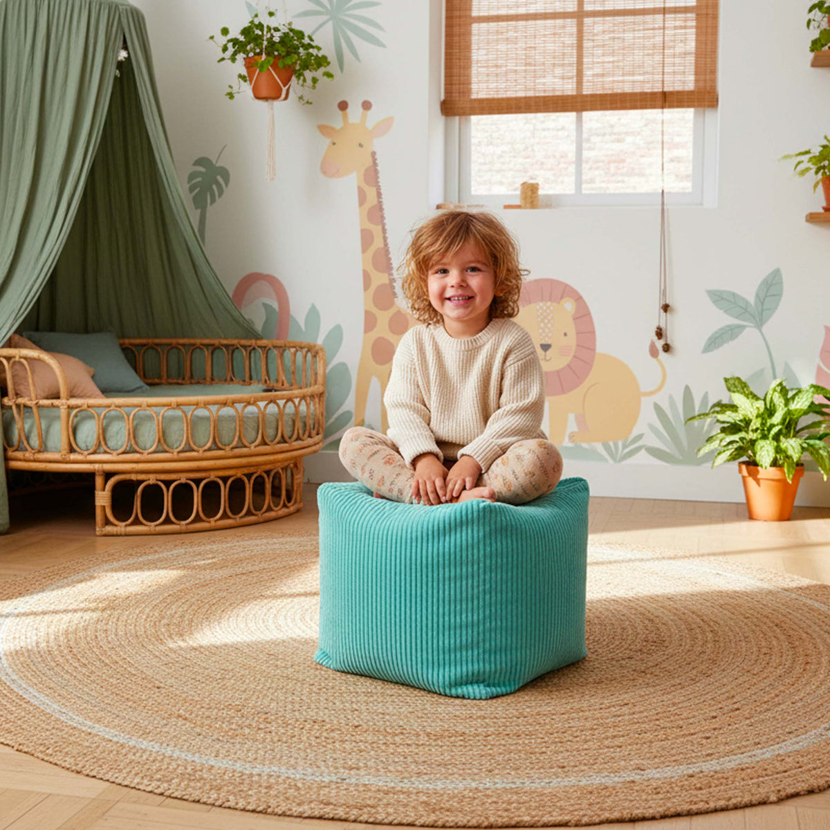 Pouf Cube Velours Côtelé Turquoise : pouf en velours côtelé bleu turquoise pour assise et repose-pieds, en chambre enfant