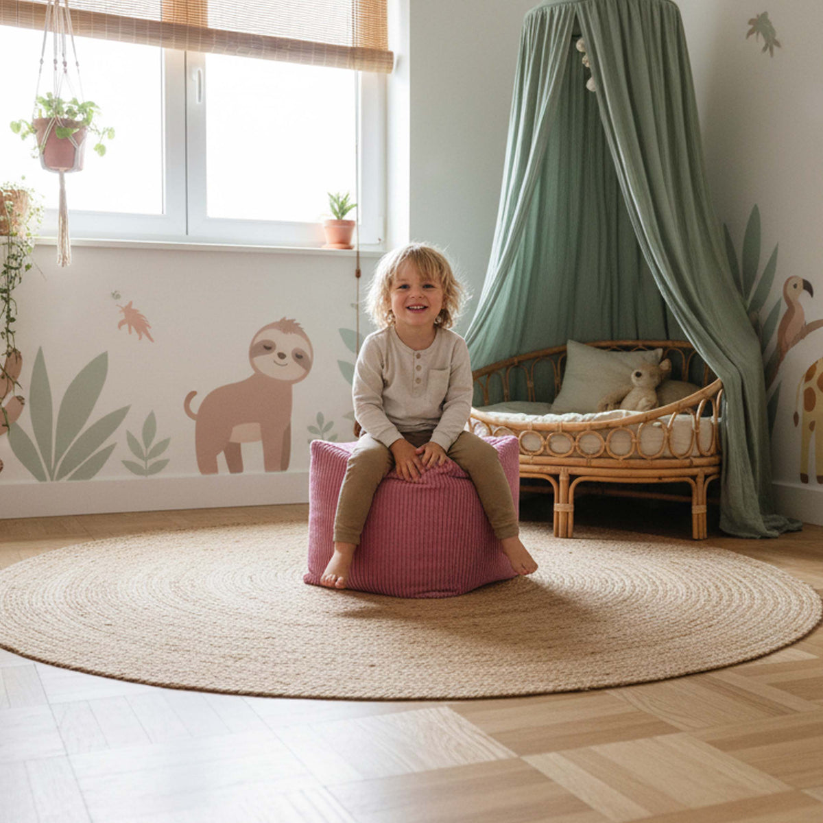 Pouf Cube Velours Côtelé Rose, assise d’appoint pour enfant, modèle rose en velours côtelé dans une chambre ludique
