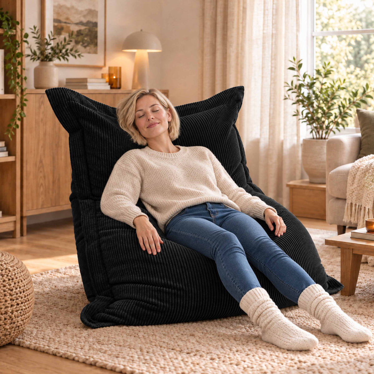 Pouf Velours Côtelé Noir : assise confortable en velours côtelé noir, pour détente cosy dans un salon lumineux