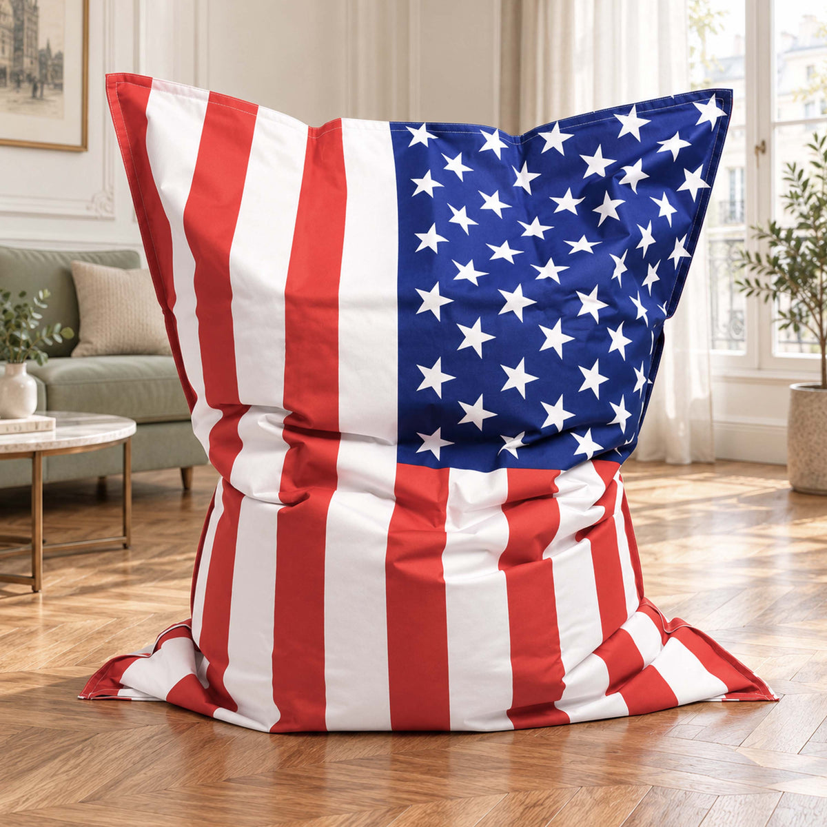 Pouf géant drapeau américain USA XXL, assise d’intérieur XXL aux couleurs du drapeau américain, style déco salon
