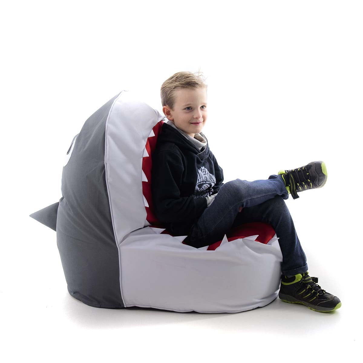 Pouf Enfant Design Requin Blanc pour enfant, pouf en forme de requin gris et blanc, tissu ultra résistant pour jouer et s’asseoir