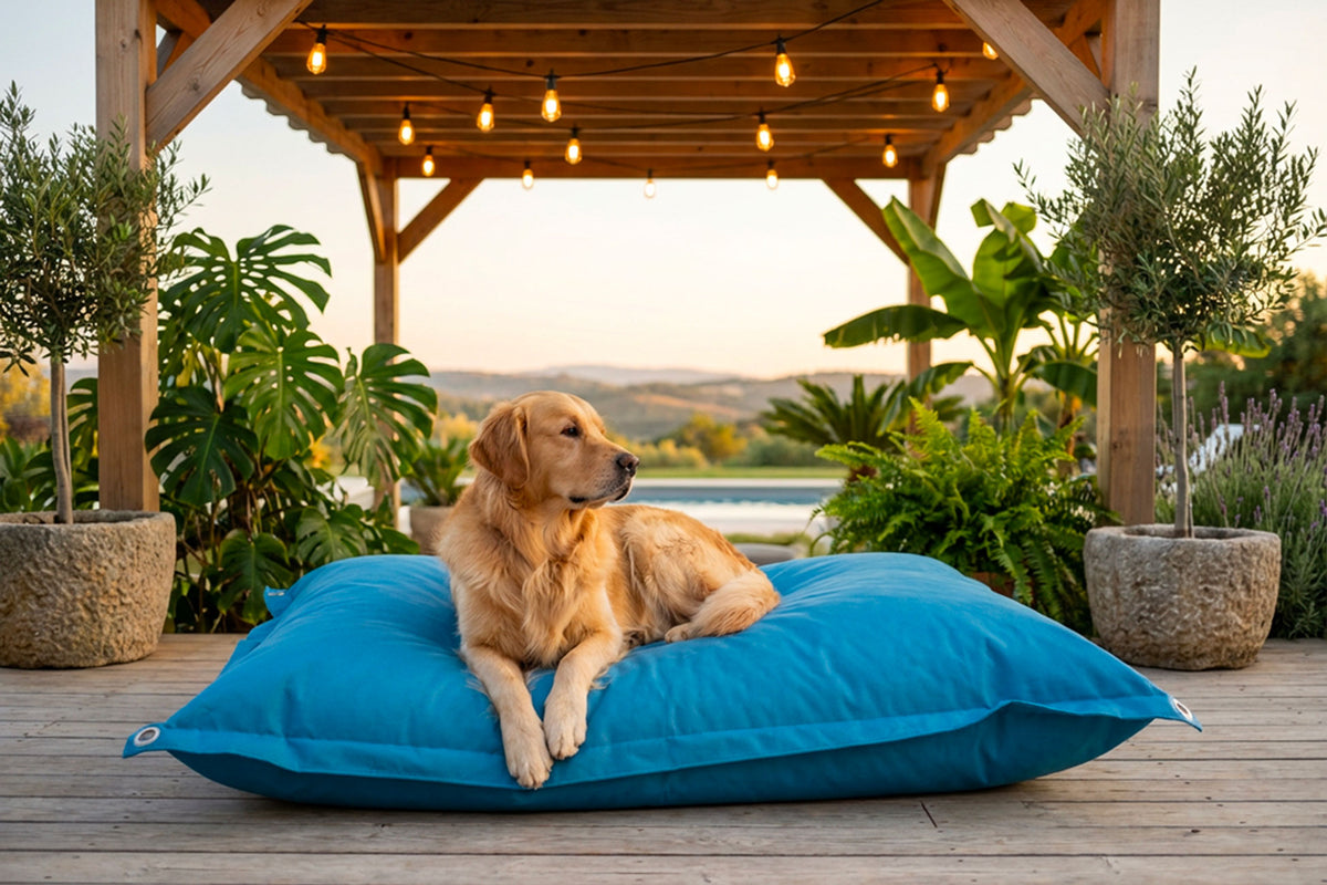 Pouf Extérieur Bleu Turquoise IRON RAW, pouf géant XXL 170x130 cm pour détente extérieure, avec chien au jardin