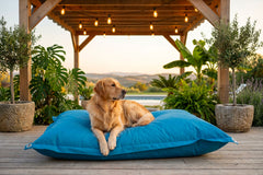 Pouf Extérieur Bleu Turquoise IRON RAW, pouf géant XXL 170x130 cm pour détente extérieure, avec chien au jardin