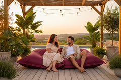 Pouf Extérieur Prune IRON RAW, pouf XXL 170 x 130 cm pour détente sur terrasse en plein air, couleur prune