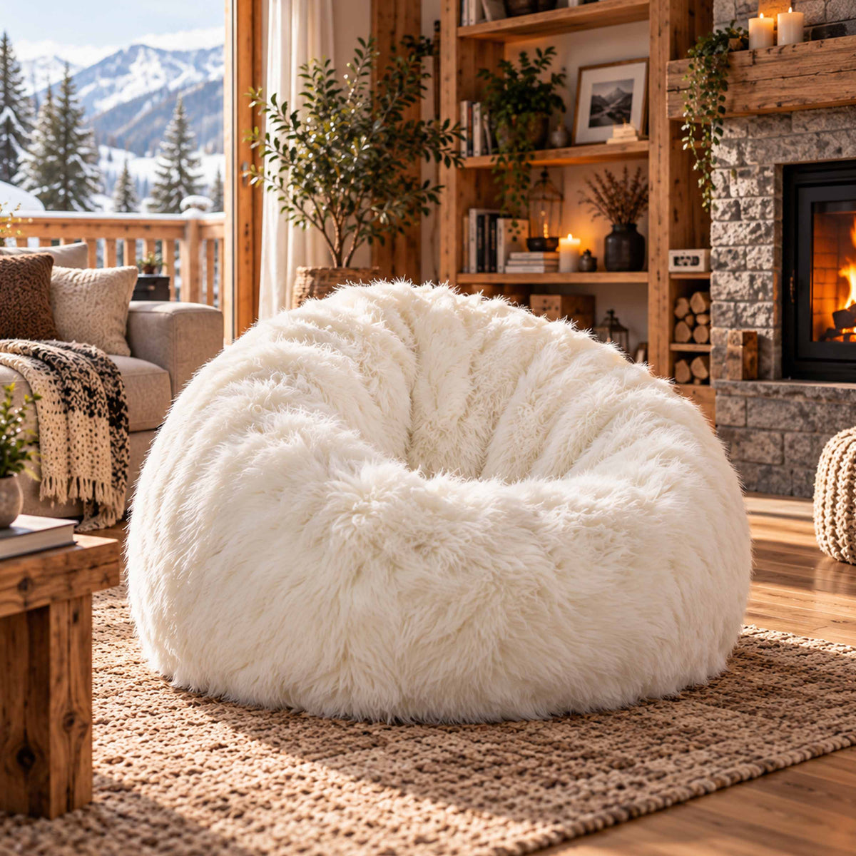 Pouf Fauteuil Rond XL Fourrure Poil Long Blanc, pouf en fourrure douce pour salon, coin lecture ou gaming, intérieur chaleureux