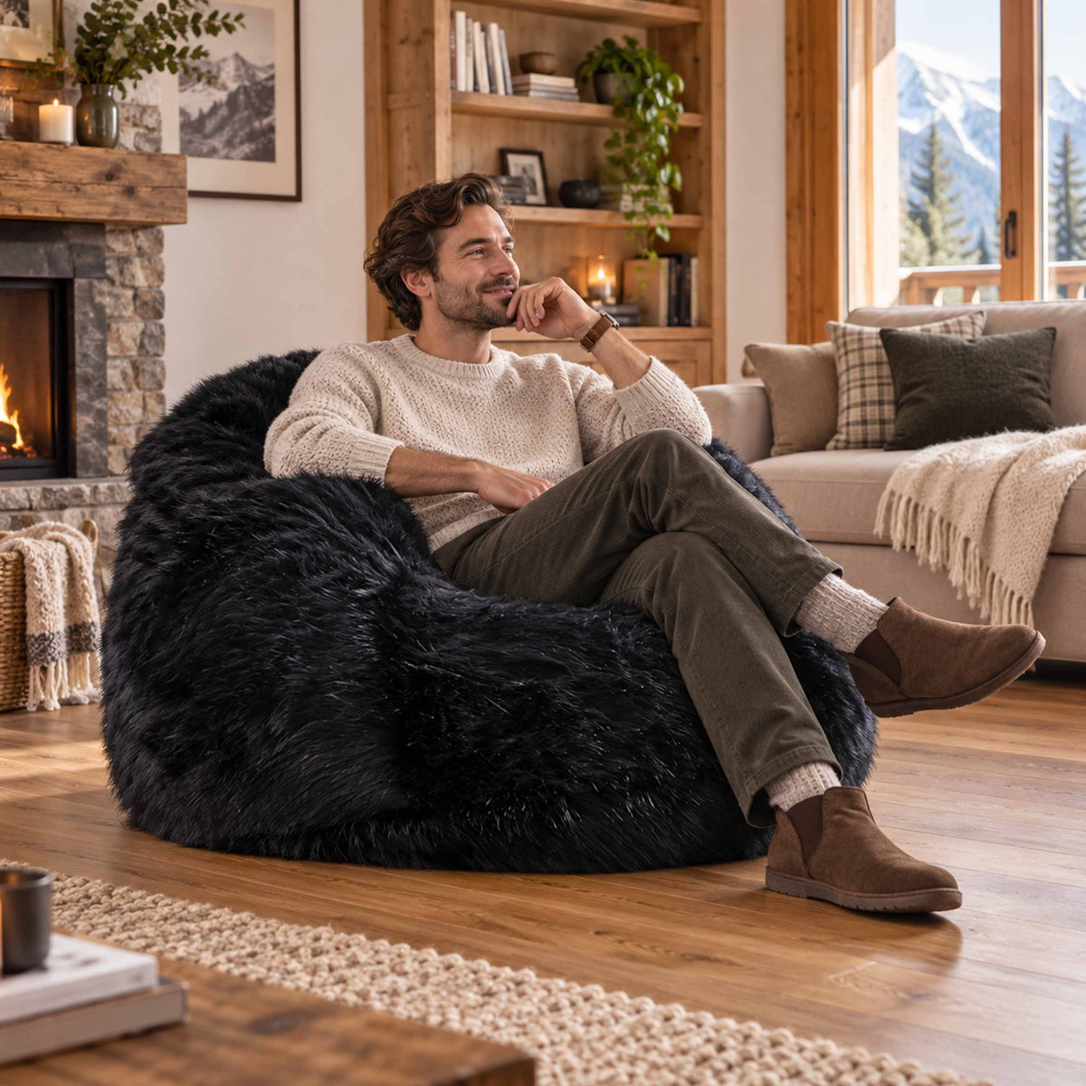 Pouf Fauteuil Rond XL Fourrure Poil Long Noir, assise moelleuse en fourrure noire style cozy pour salon ou gaming
